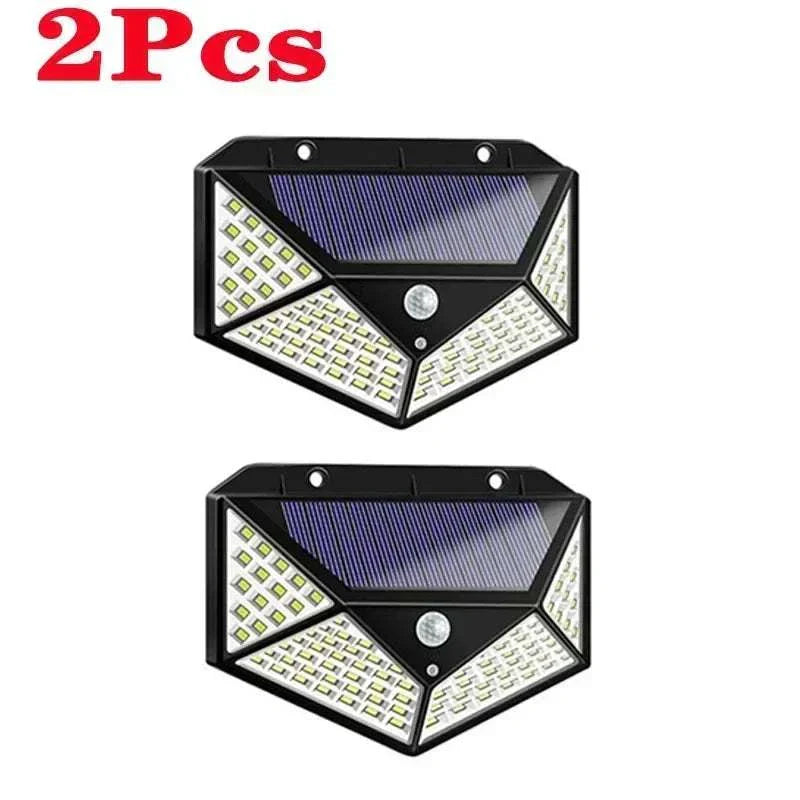 100 LED solar wall lights with motion sensor and wide-angle illumination outdoors
