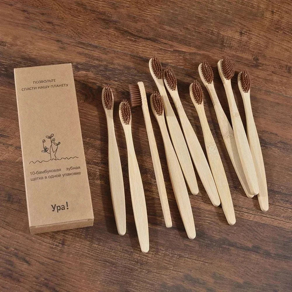 10-piece natural bamboo toothbrush set with black charcoal bristles for eco-friendly oral care