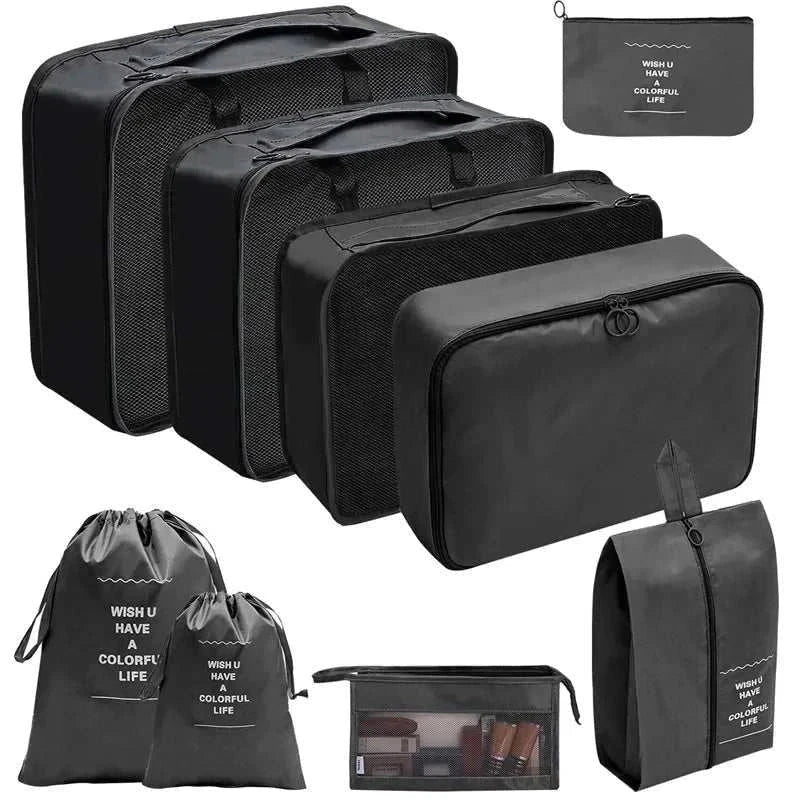 Set of portable travel organizer storage bags in multiple sizes for luggage organization