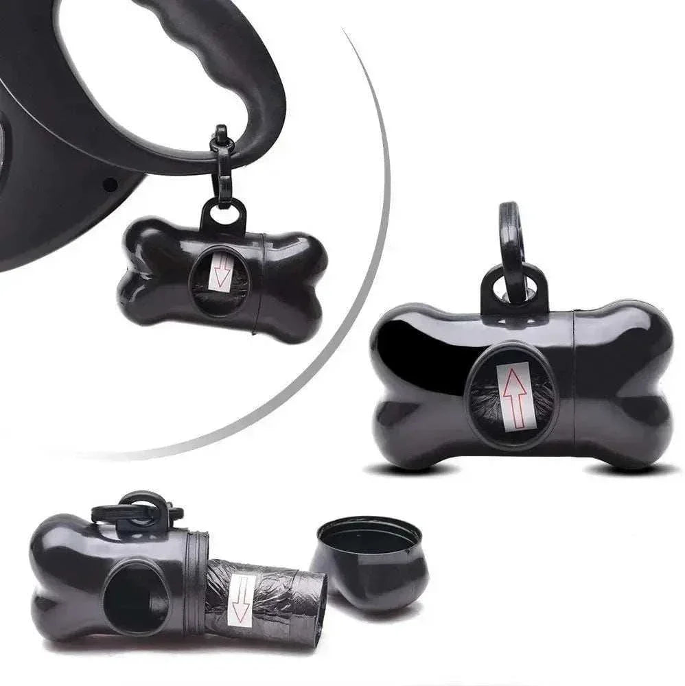 Black bone-shaped pet poop bag dispenser with leash clip and biodegradable waste bags