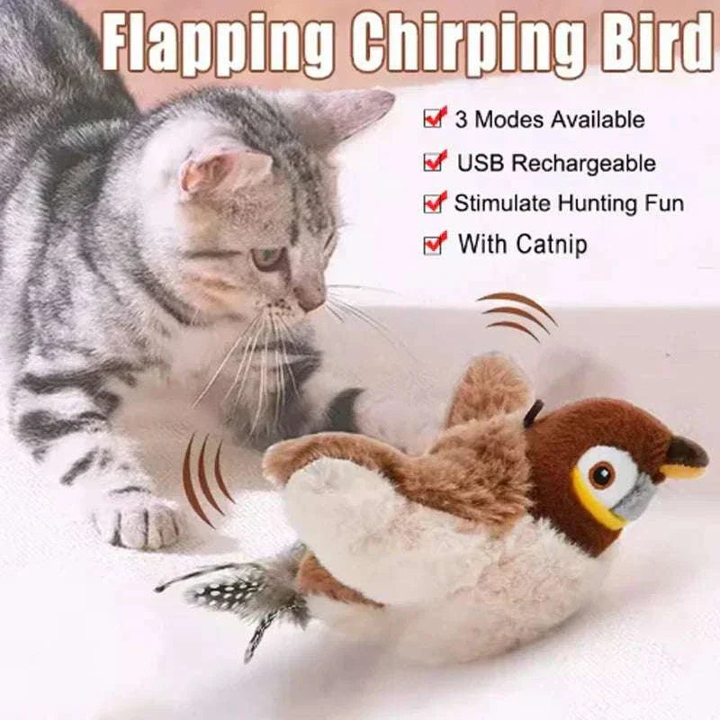 Simulated bird cat toy with realistic chirping, flapping wings, and touch-activated plush design for pet entertainment