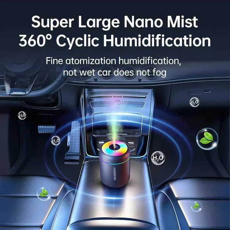 Compact mini air humidifier with 180ml capacity, USB powered, aromatherapy, and LED ambient light for home, office, and car use.