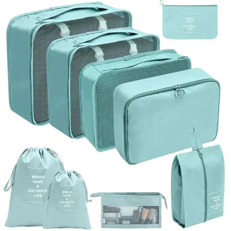 Travel organizer storage bags set with multiple sizes for efficient packing and durable, lightweight, foldable design.