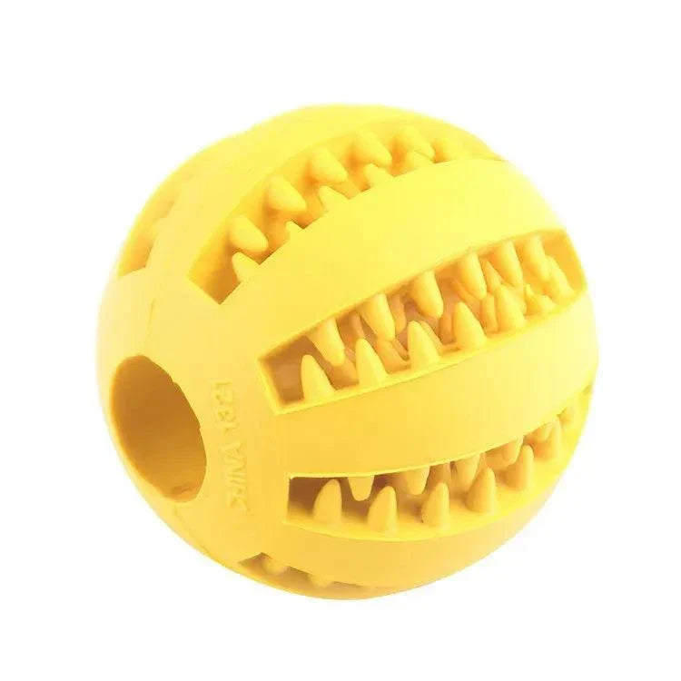 Durable rubber dog toy ball for chewing, teeth cleaning, and treat feeding