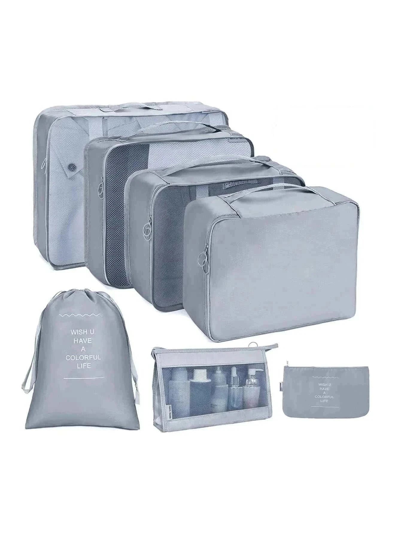 Set of portable travel organizer storage bags in various sizes for luggage packing