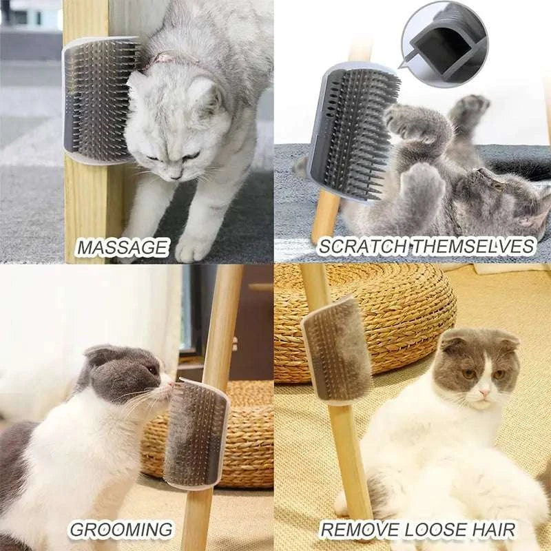 Corner-mounted pet cat brush for grooming and massage with durable plastic and detachable design