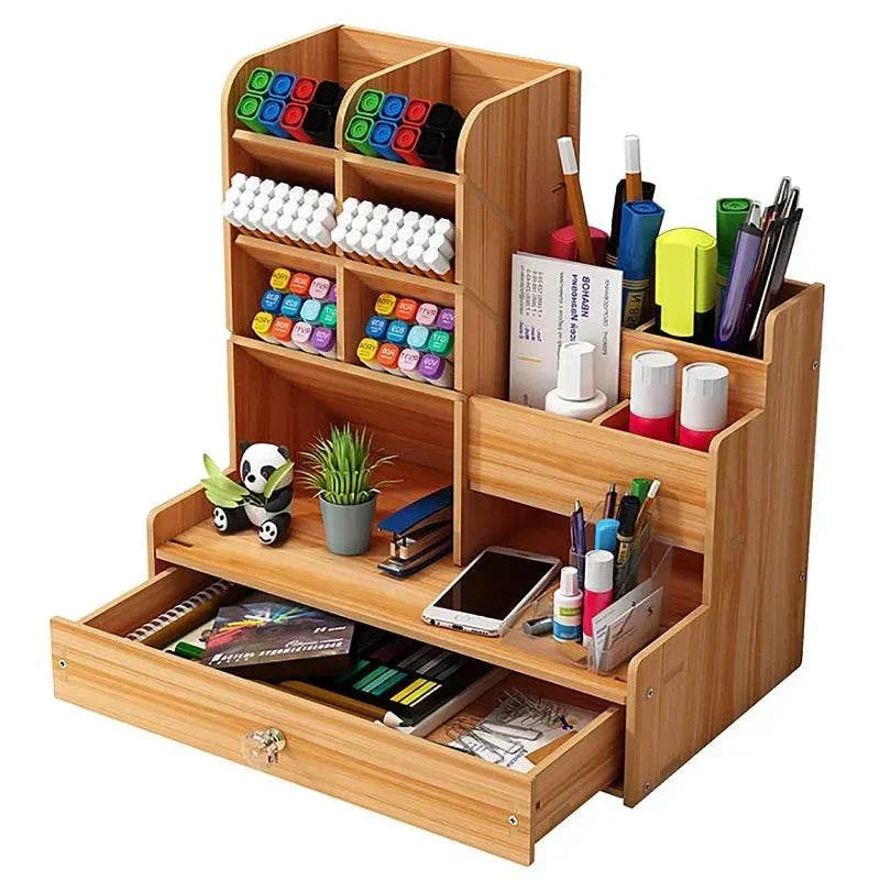 Wooden desk organiser with multiple compartments and pull-out drawer for pens and stationery
