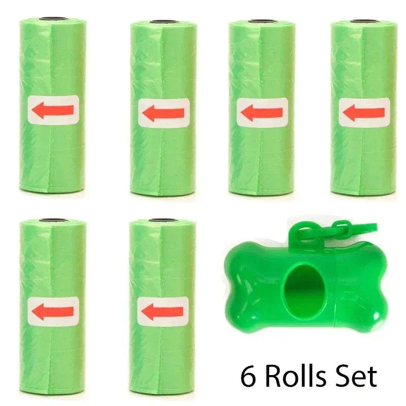 Green pet poop bags rolls with a green bone-shaped dispenser and leash clip set of 6 rolls