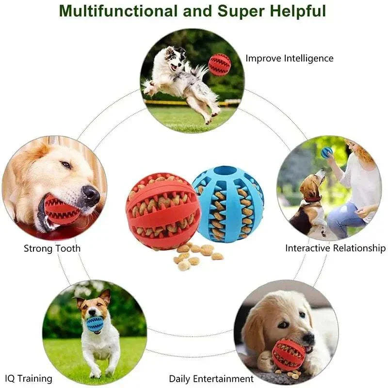 Durable rubber dog toy ball for teeth cleaning and treat feeding, suitable for all pet sizes