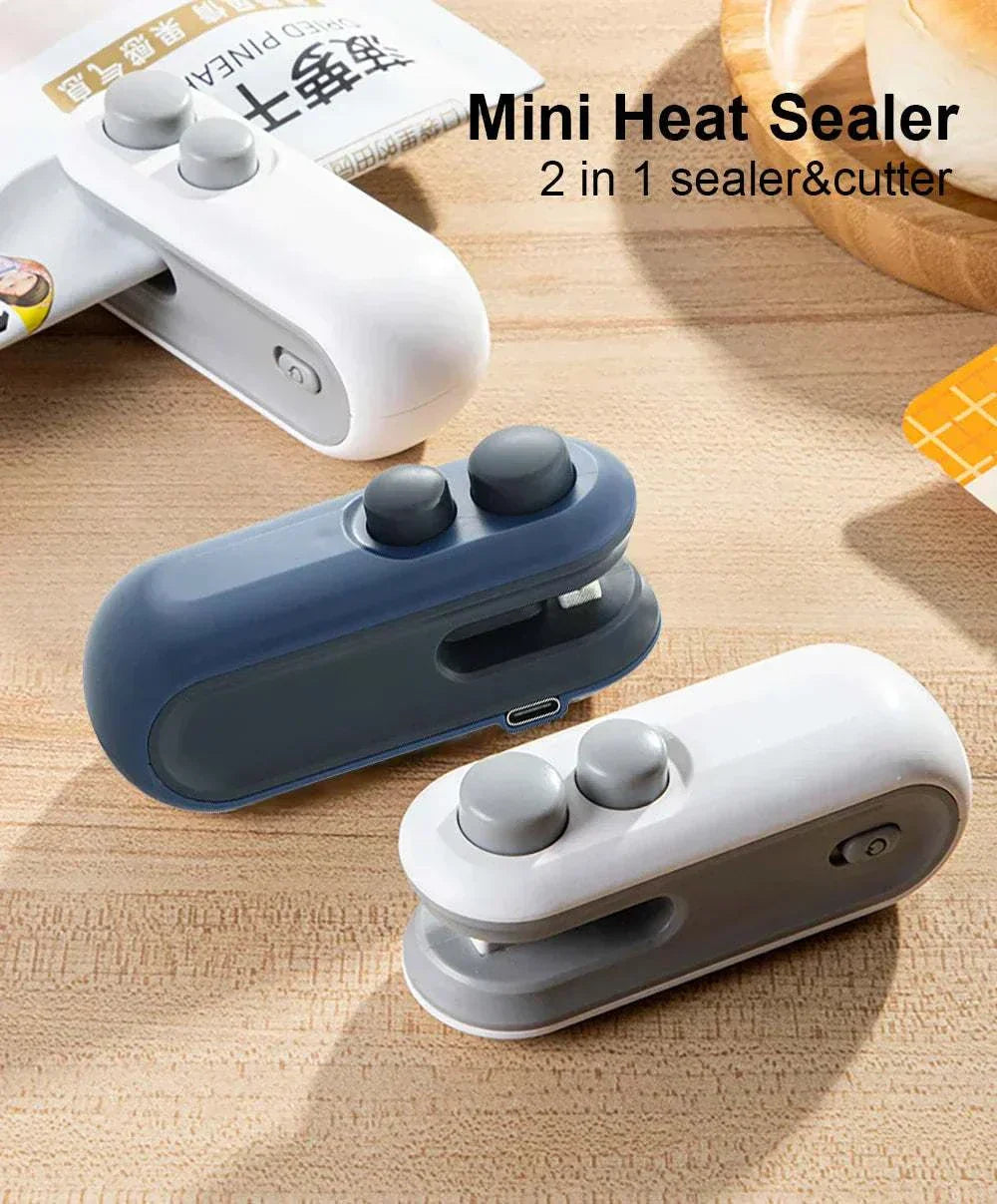 Compact mini heat bag sealing machine for airtight food storage, rechargeable and portable handheld sealer.