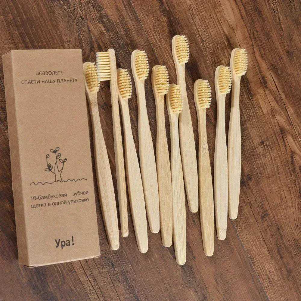 10-piece natural bamboo toothbrush set with black charcoal bristles, eco-friendly and biodegradable