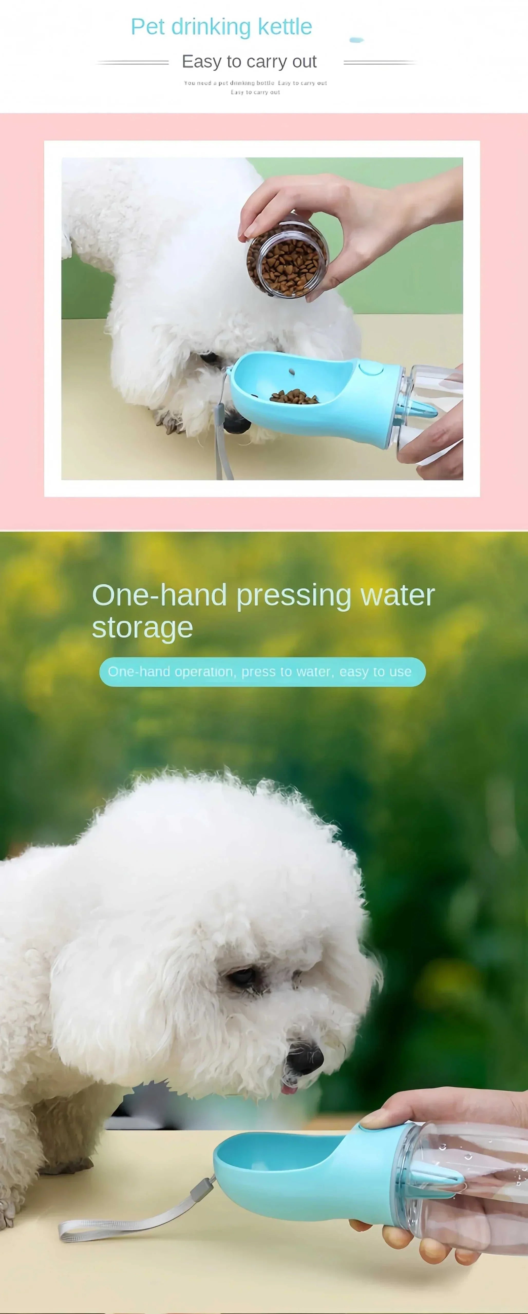 Portable dog cat water bottle with 2-in-1 water dispenser and food container for on-the-go pet hydration and feeding