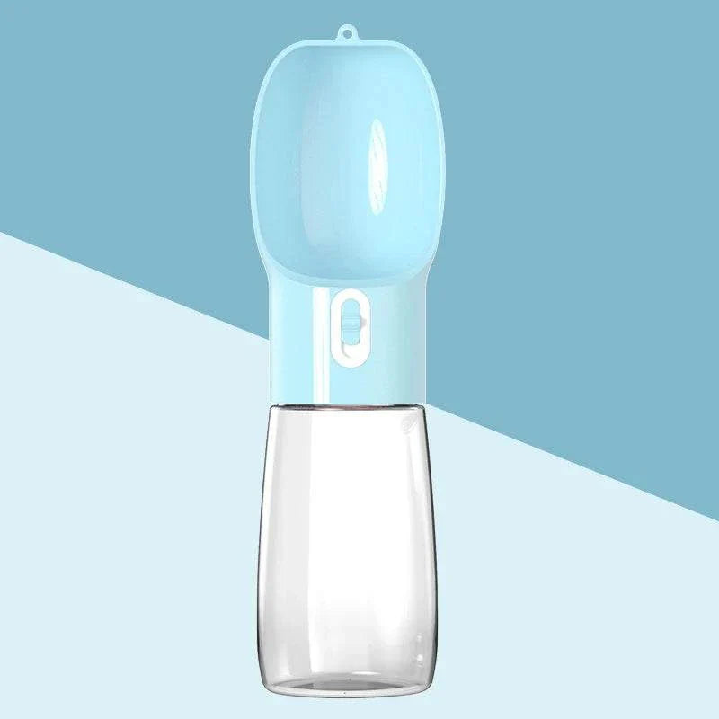 Portable dog water bottle with leakproof design and built-in drinking bowl for outdoor use, suitable for small to large dogs