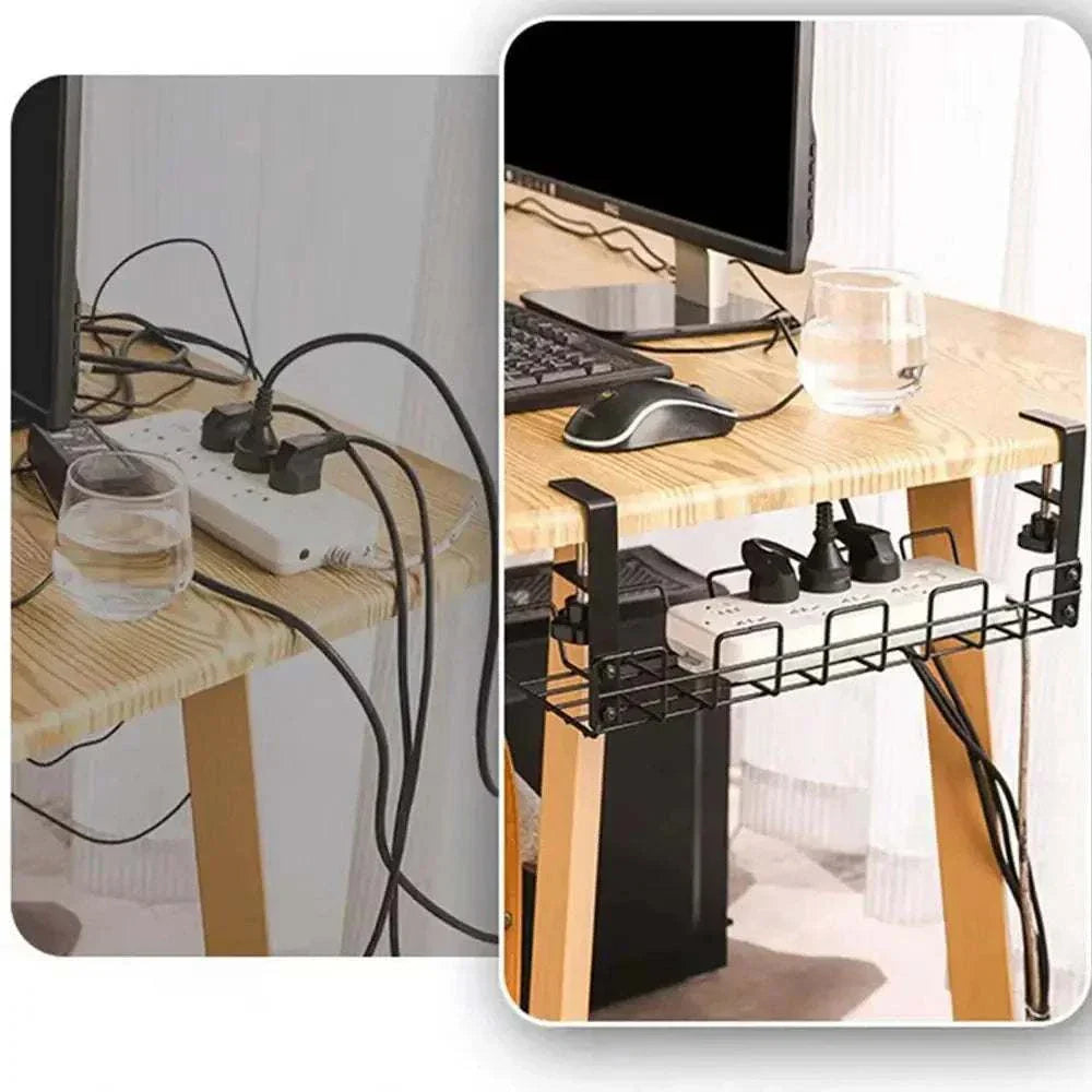 under desk metal cable management box organizing power strip and wires on wooden desk setup