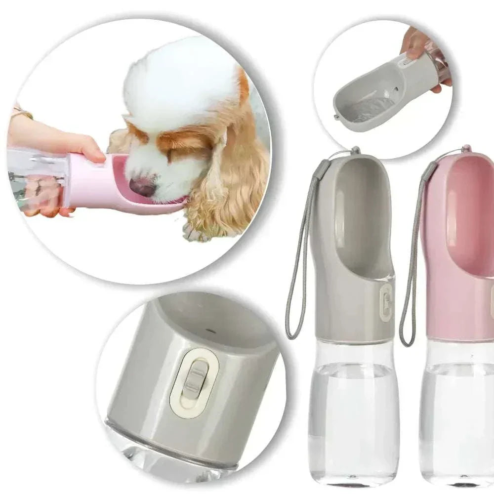 Portable dog water bottle with leakproof design and attached drinking bowl for small to large dogs in pink and gray colors