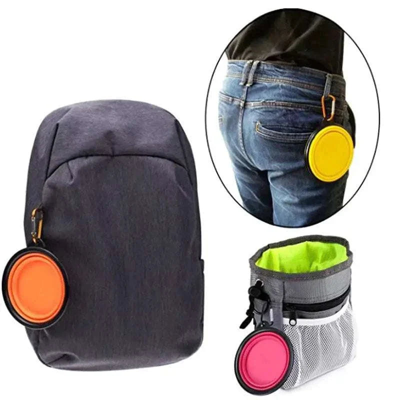 Collapsible portable pet dog bowl attached to backpack and bag for outdoor use