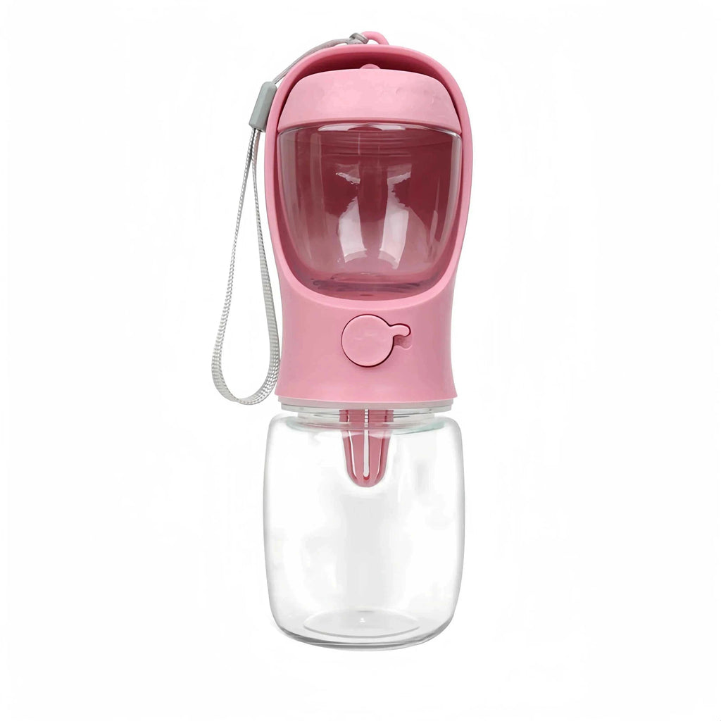 Pink portable dog cat water bottle with food and water container for outdoor pet travel