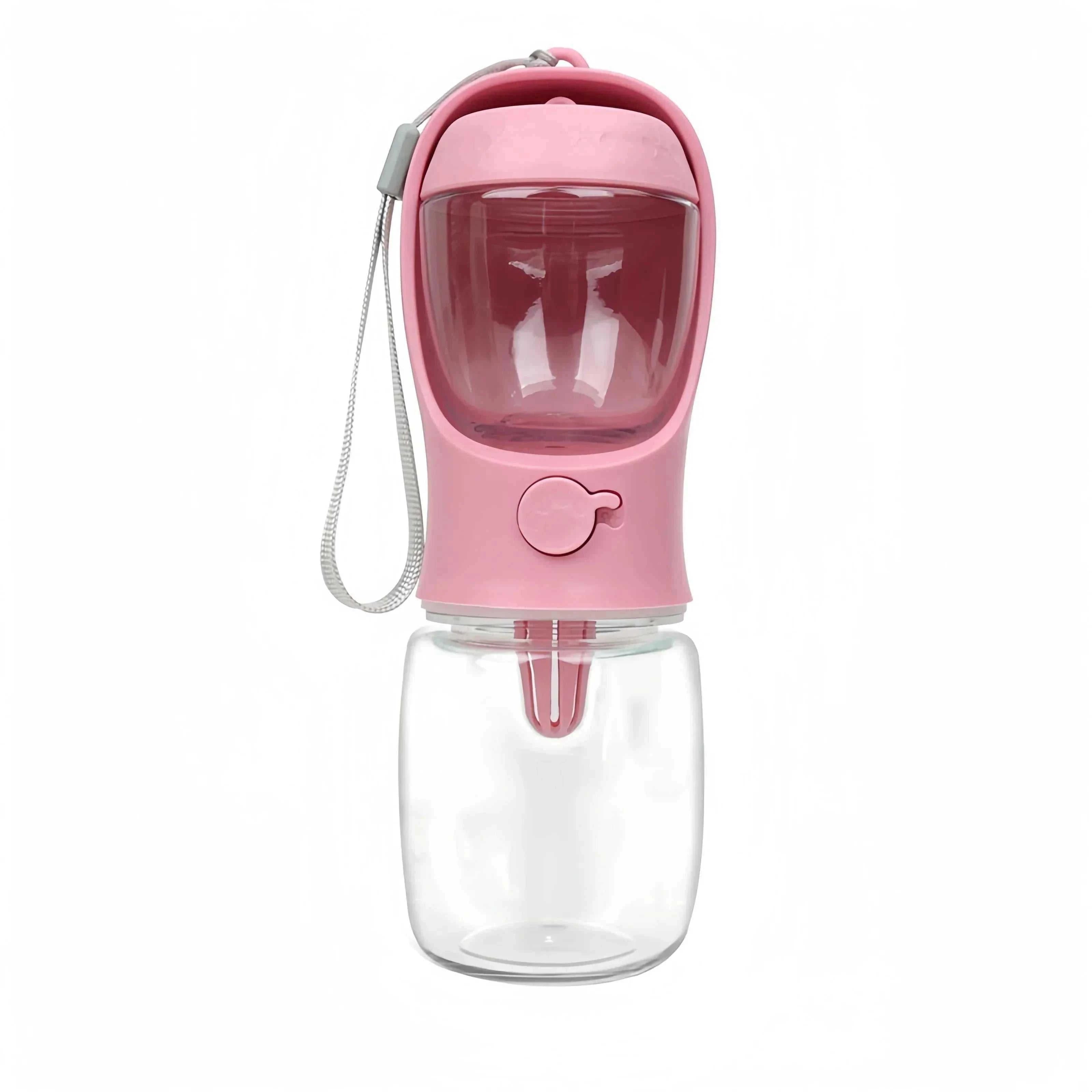 Pink portable dog cat water bottle with food and water container for outdoor pet travel