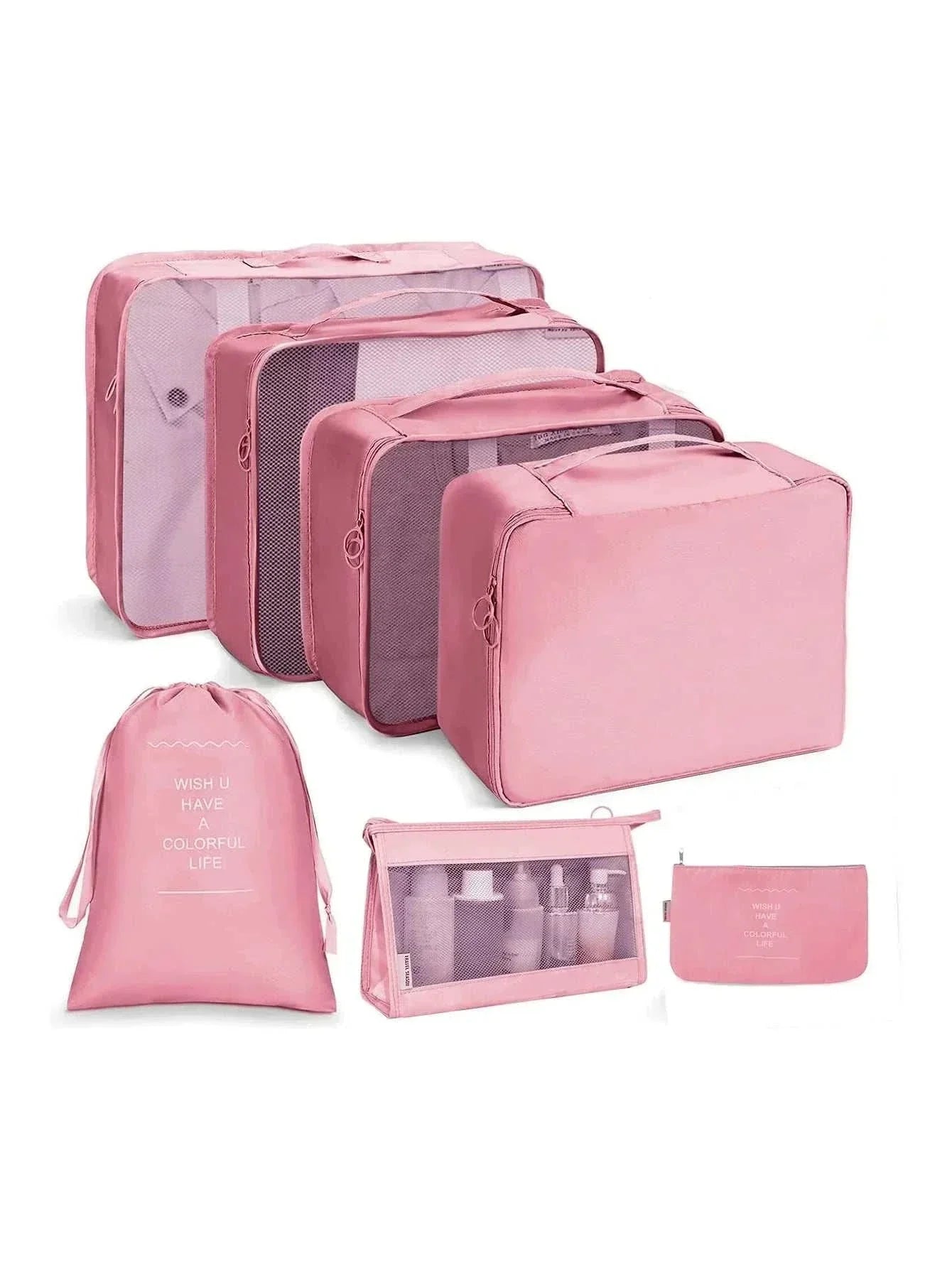 Set of portable travel organizer storage bags in various sizes for luggage organization