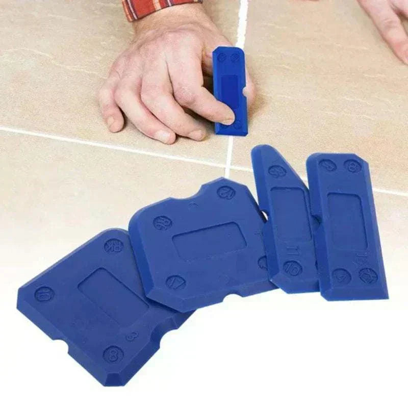 4-piece blue silicone glass cement scraper set with multiple edges and storage box for precise sealing and caulking projects