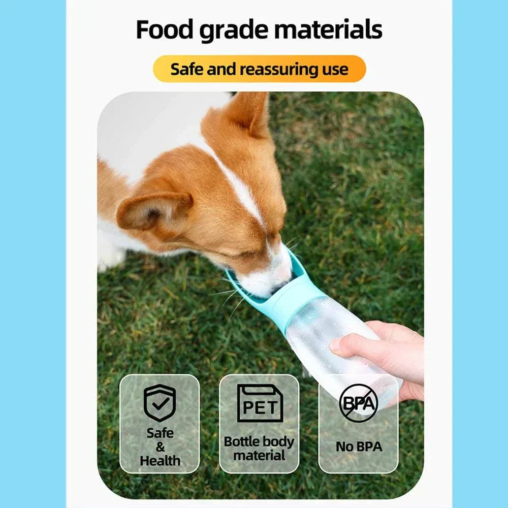 Portable dog water bottle with food grade materials, leak-proof design, suitable for small to large dogs and outdoor use