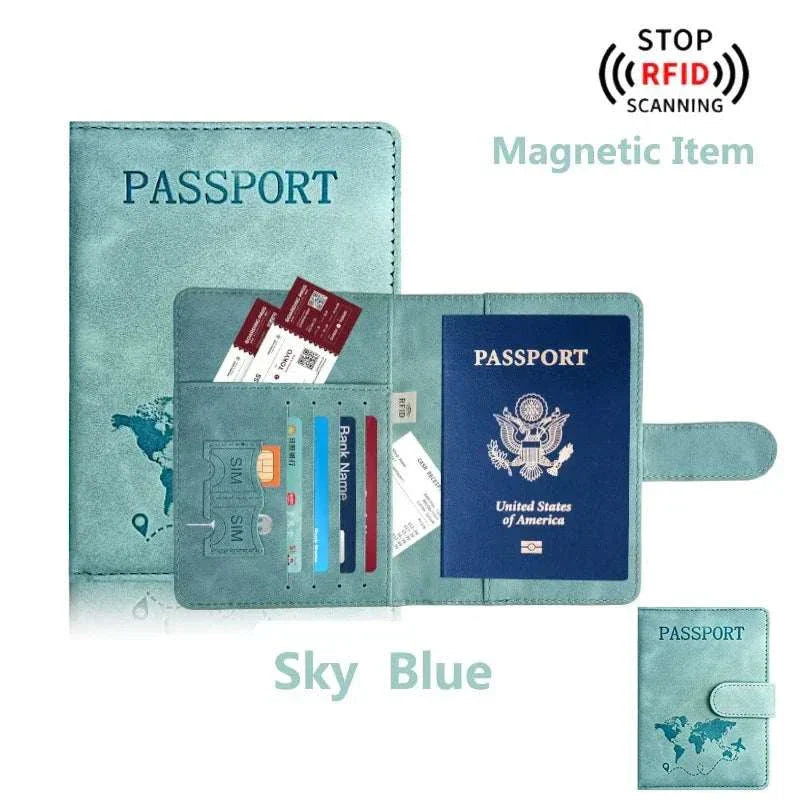 Sleek unisex passport holder for travel with RFID blocking, magnetic closure, and multiple storage slots in soft PU leather