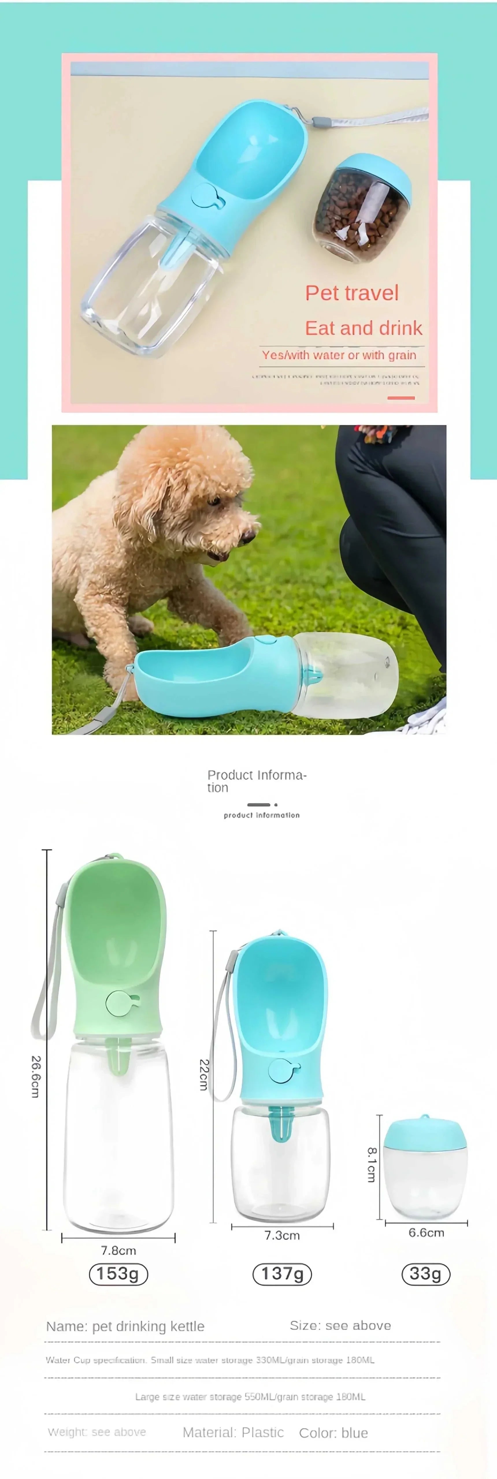 Portable dog and cat water bottle with food container for travel and outdoor use
