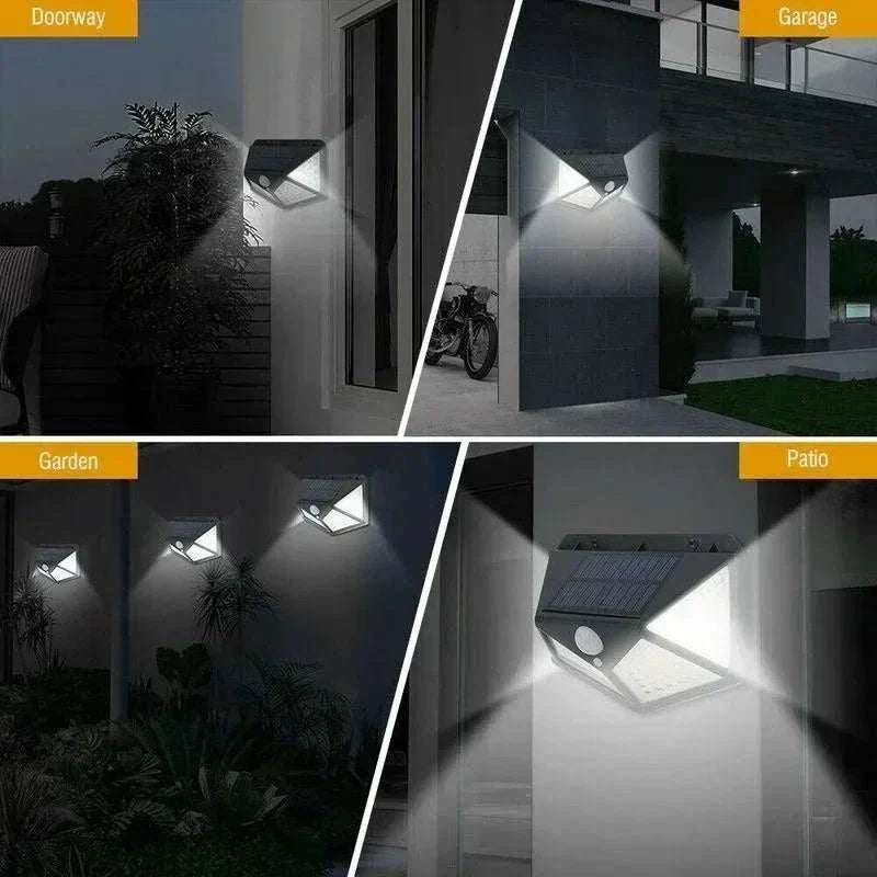 100 LED solar wall light with motion sensor and wide-angle illumination for outdoor use