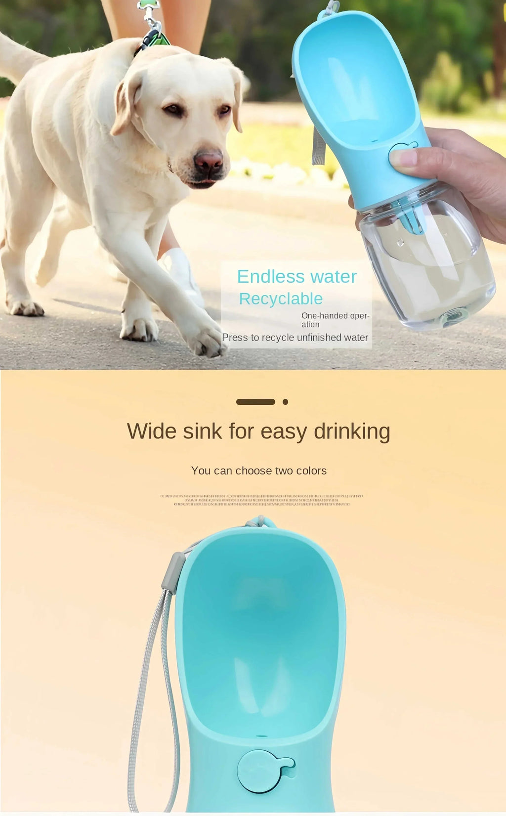 Portable dog cat water bottle with combined water and food dispenser for travel and outdoor use