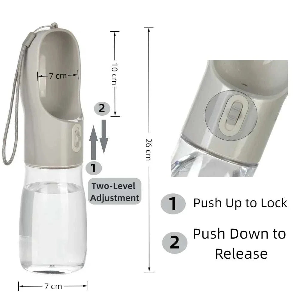 Portable dog water bottle with two-level adjustment and leakproof locking mechanism