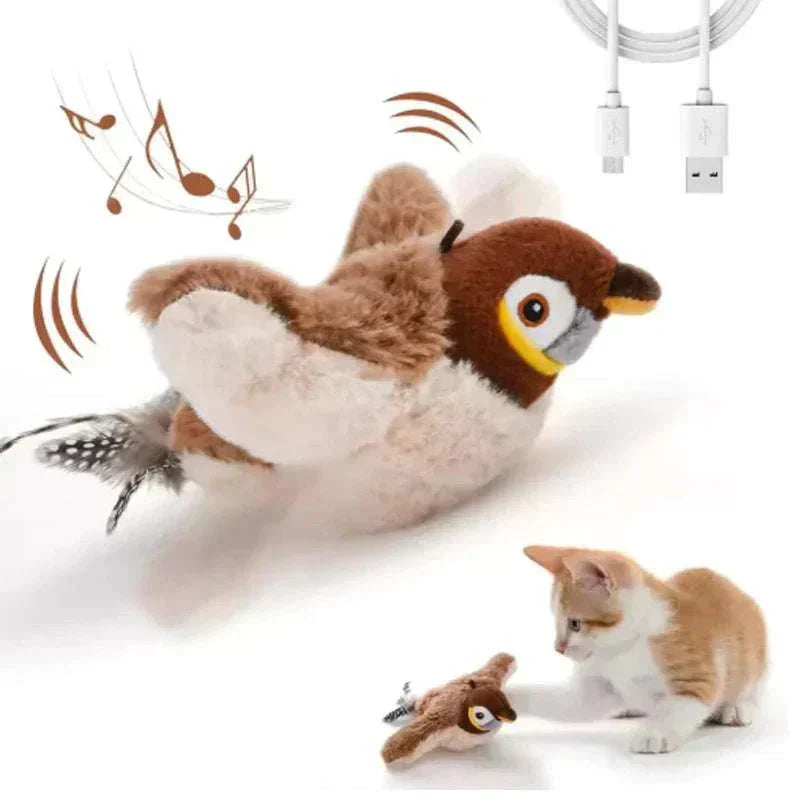Simulated bird cat toy with touch-activated chirping and flapping wings plush design