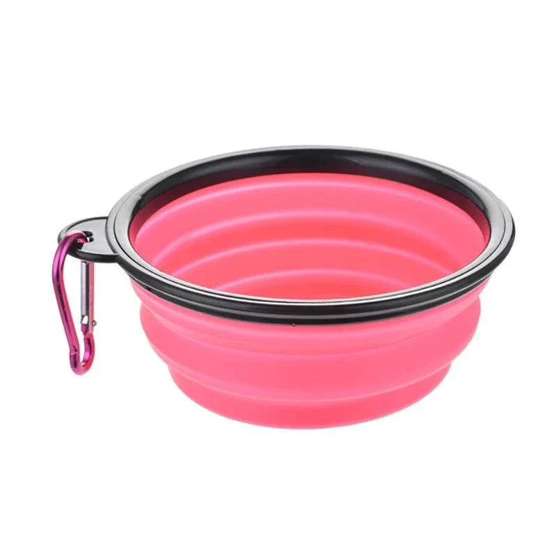 Collapsible pink pet dog bowl with carabiner clip for travel and outdoor use