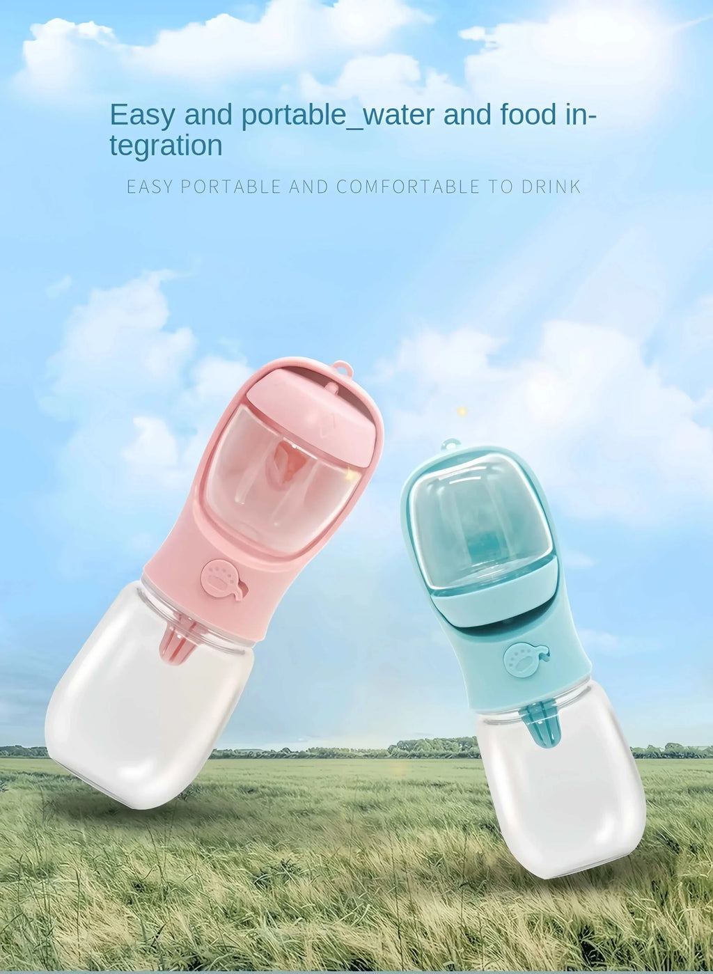 Portable dog and cat water bottle with built-in food container for outdoor use