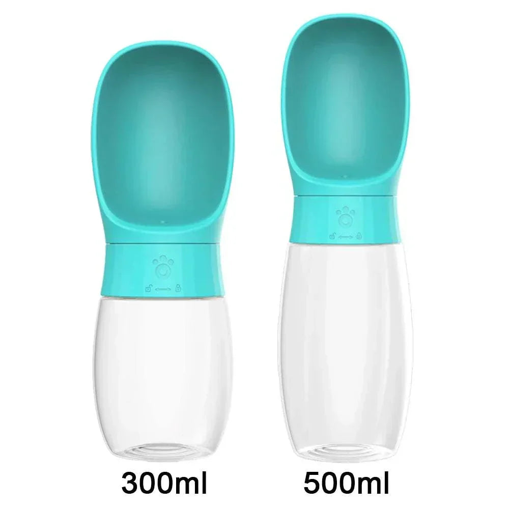 Portable turquoise dog water bottles with 300ml and 500ml capacity for outdoor use, leak-proof, suitable for small to large dogs and cats