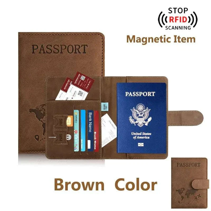 Unisex soft PU leather passport holder for travel with RFID blocking and magnetic closure