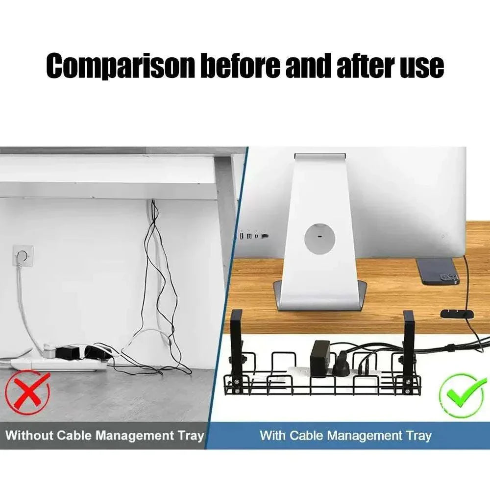 Under desk cable management box organizing wires neatly with metal tray for tidy workspace