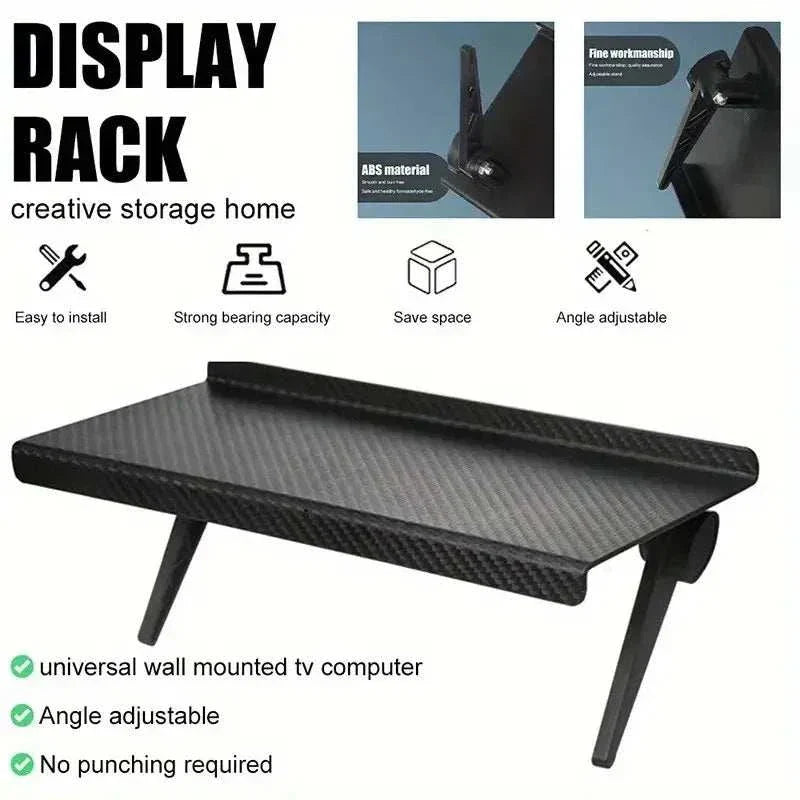 Sleek computer and TV screen storage rack holding routers and set-top boxes in black and white designs