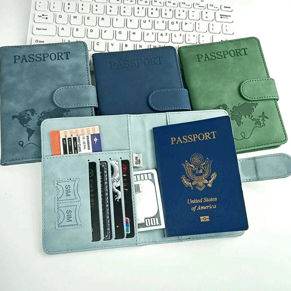 Compact unisex passport holder for travel with RFID blocking, magnetic closure, and multiple storage slots in soft PU leather