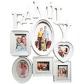 Modern family photo frame wall hanging displaying six pictures in a minimalist black plastic frame