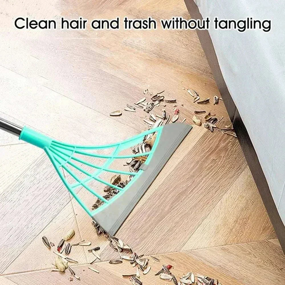 Silicone scraper broom cleaning hair and trash on wooden floor without tangling Silicone Scraper Broom