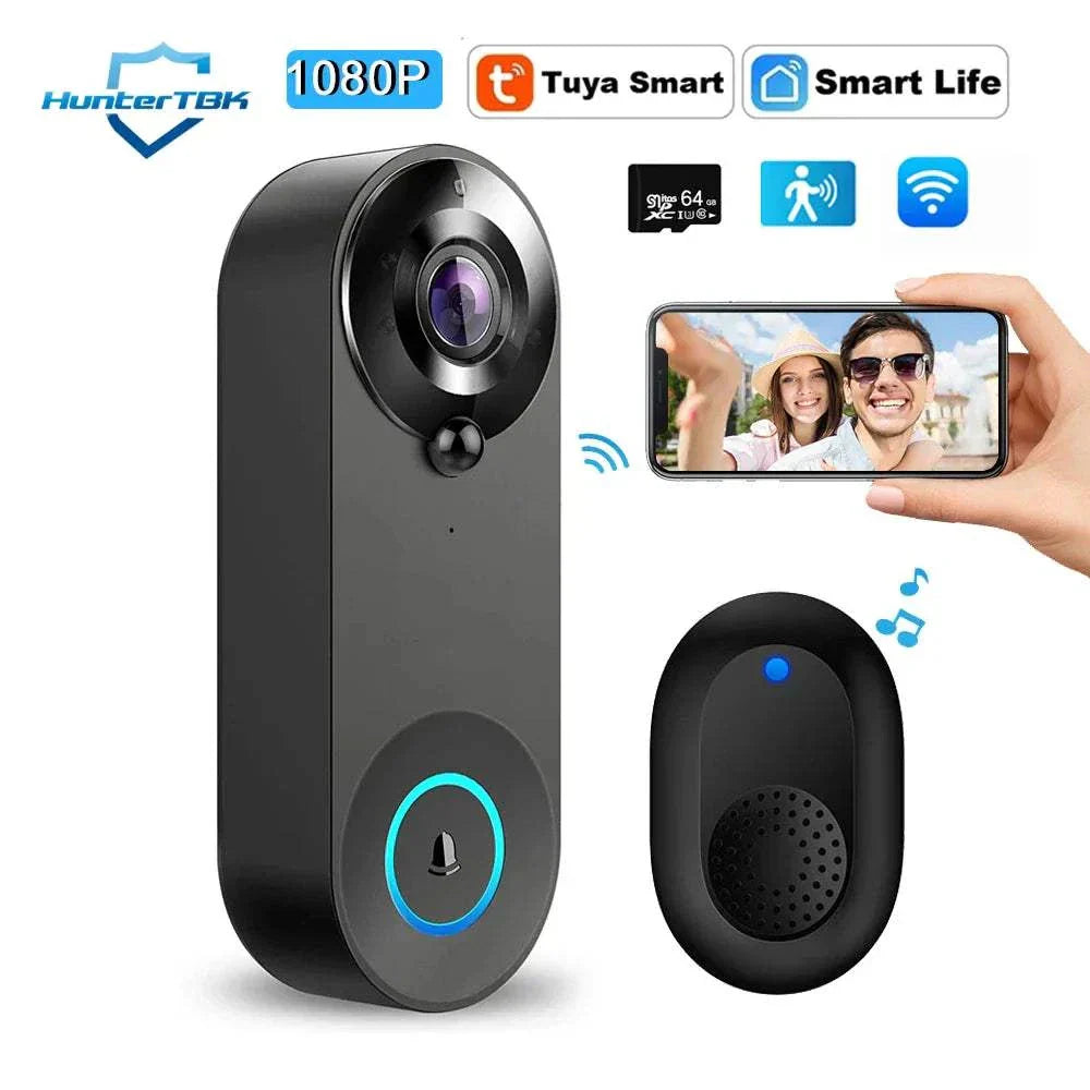 1080P wireless video doorbell camera with Tuya smart app, motion detection, night vision, and two-way audio intercom in black color 1080P Wireless Video