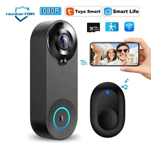 1080P wireless video doorbell camera with Tuya smart app, motion detection, night vision, and two-way audio intercom in black color 1080P Wireless Video