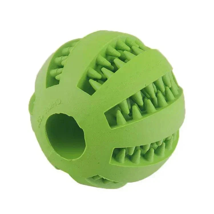 Durable rubber dog toy ball for chewing, teeth cleaning, and treat feeding, suitable for all dog sizes and cats
