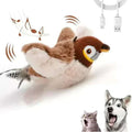 Interactive simulated bird cat toy with plush fabric, chirping sounds, and flapping wings