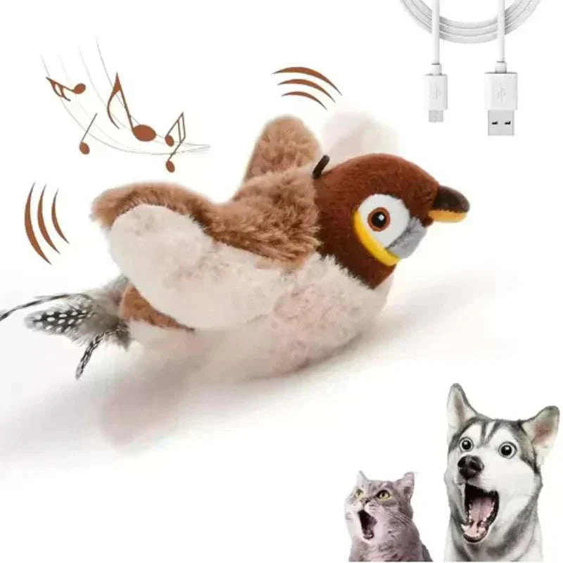 Interactive simulated bird cat toy with plush fabric, chirping sounds, and flapping wings