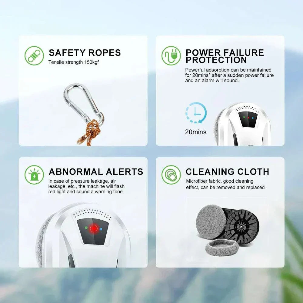 Ultra-thin robot vacuum cleaner for streak-free window and glass surface cleaning with remote control and safety rope