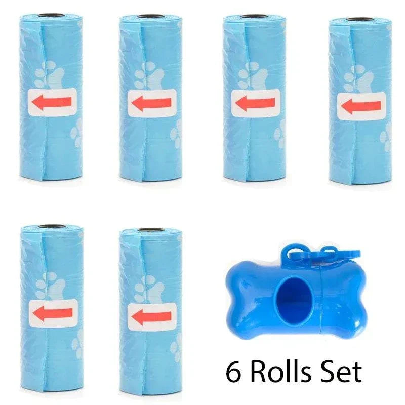 Blue biodegradable pet poop bags with bone-shaped dispenser and leash clip, 6 rolls set