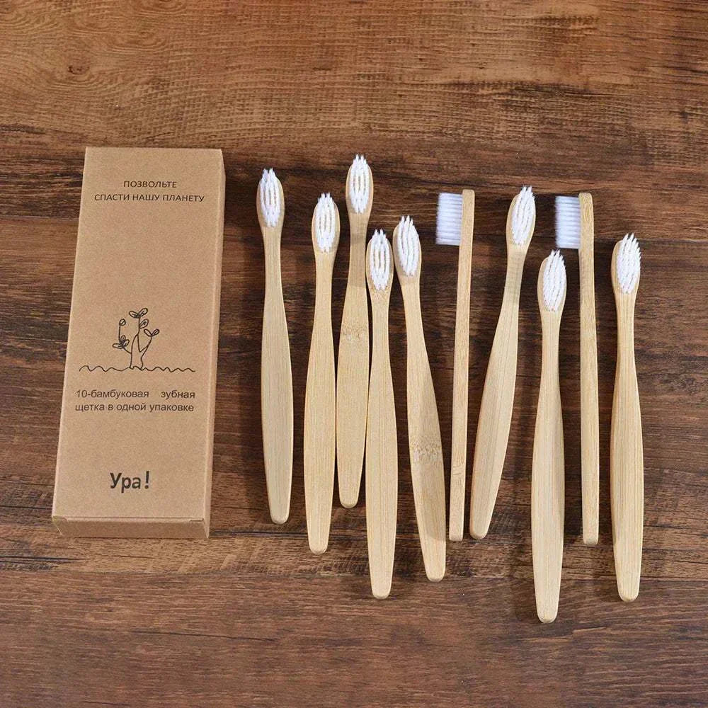 10-piece natural bamboo toothbrush set with soft charcoal bristles, eco-friendly and biodegradable handles