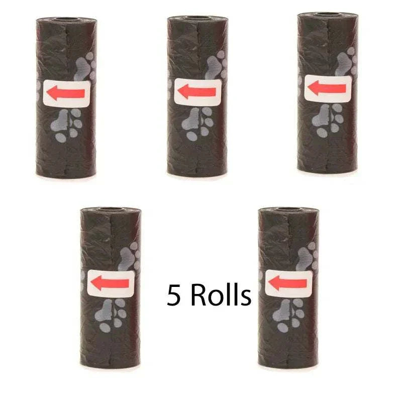 Five rolls of black pet poop bags with paw print design for dog waste cleanup