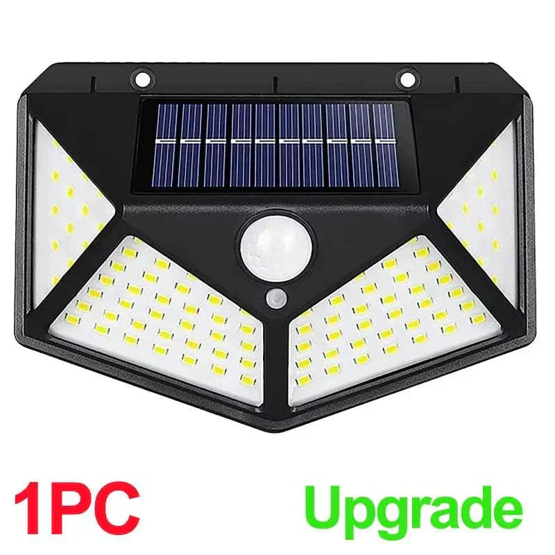 100 LED solar wall light with motion sensor and wide-angle illumination for outdoor security and energy efficiency